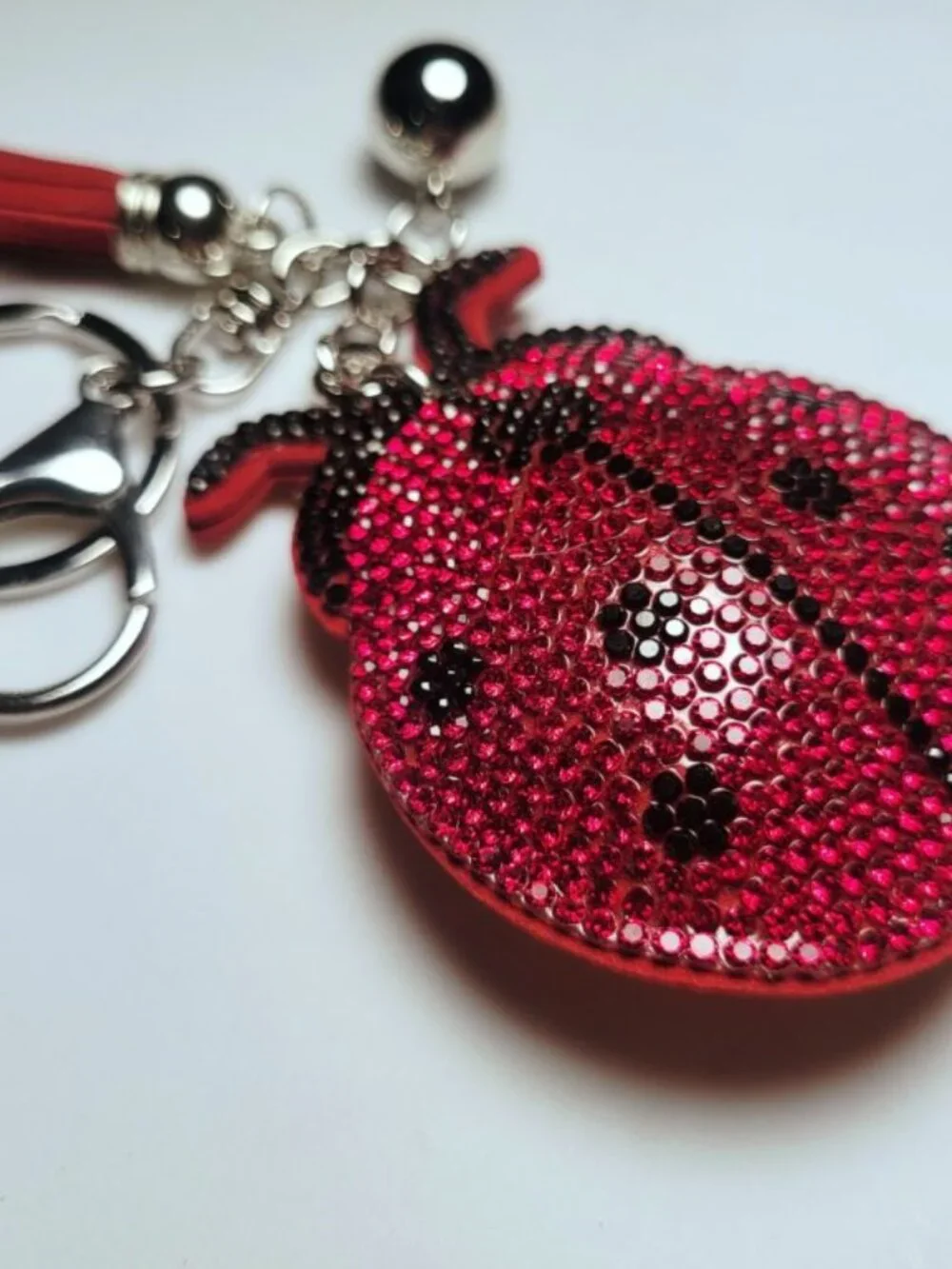 NWT Large Red And Black Silver Puffy Ladybug Keychain Bag Charm With Tassel